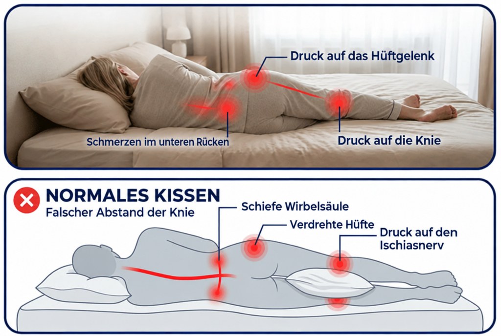 Schaubild: Druckpunkte an Hüfte, Rücken und Knie beim Seitenschlafen