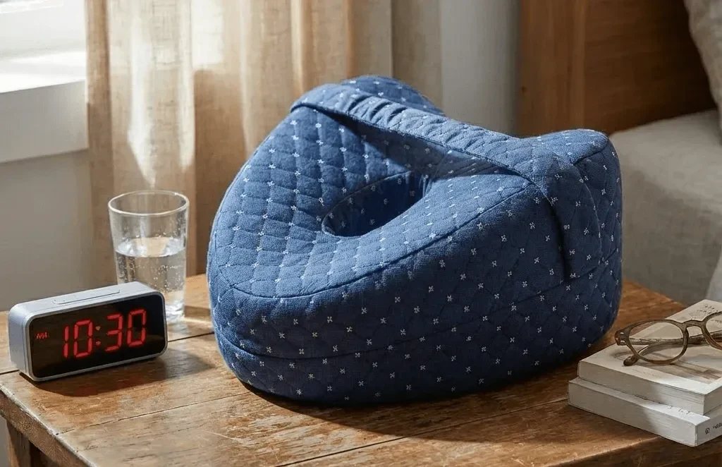 Blaues Kniekissen mit Gurt auf dem Nachttisch neben einem Wecker