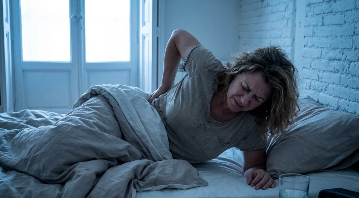 Frau wacht nachts mit Rückenschmerzen im Bett auf